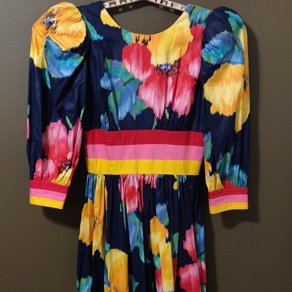 Vintage 1980's Leslie Lucks Floral Midi Navy Blue Dress SIZE 12 - Picture 8 of 9